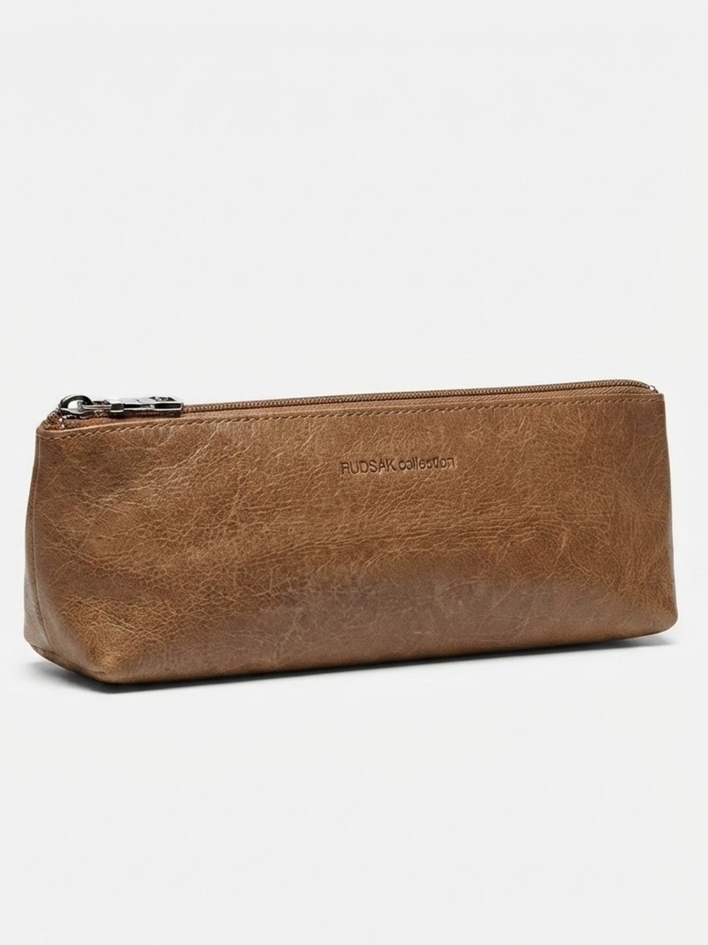 RUDSAK Tan Leather Pencil Pouch Makeup Bag